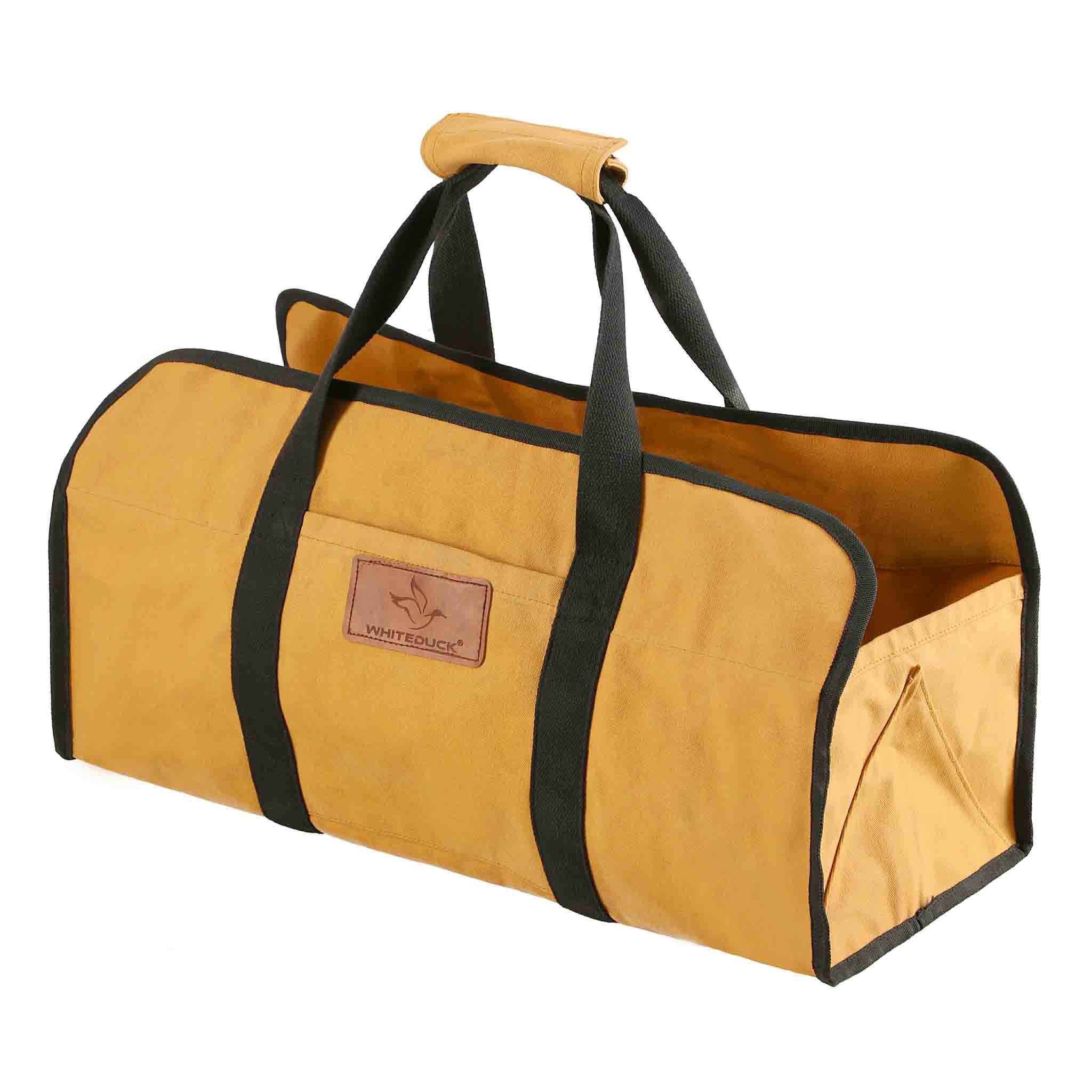 Tote Shape Canvas Firewood Log Carrier tan white background