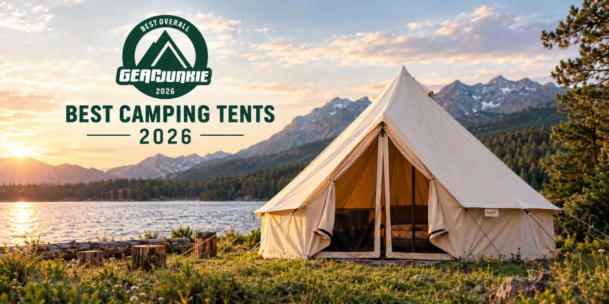 Regatta Bell Tent pitched by a mountain lake at sunset, GearJunkie's Best Overall pick for Best Camping Tents 2026