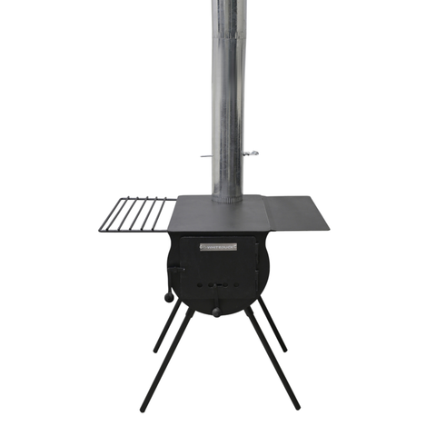 Black outdoor stove with a grill on a white background