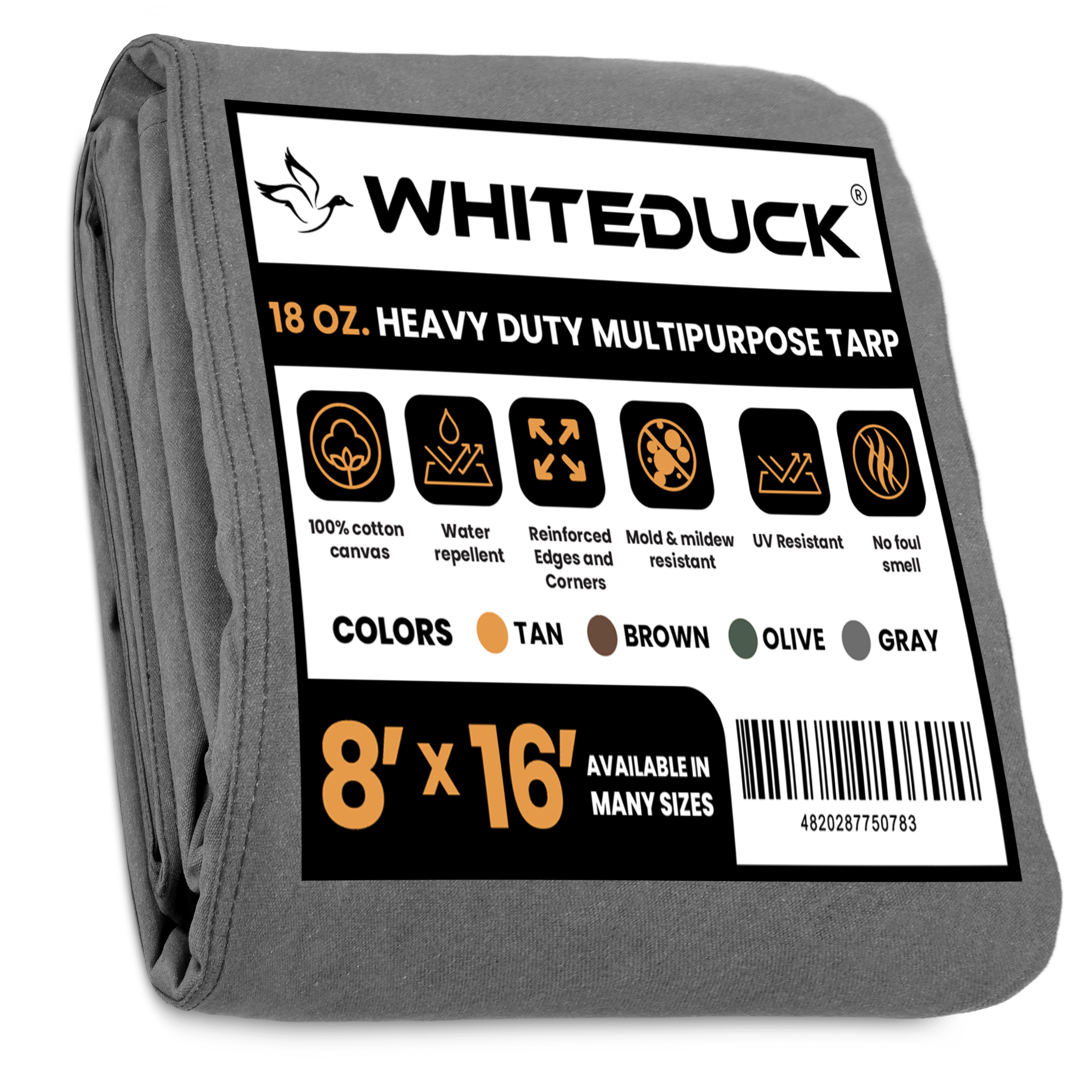 18 oz. 100% Cotton Canvas Tarp 8' x 16' / Gray