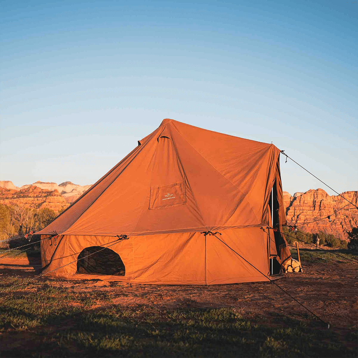 red white tent White Duck Outdoors 16' Regatta Bell Tent Fire Water Repellent / Sandstone Beige