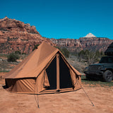 Regatta bell tent sandstone beige placed outside with car