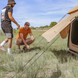 altimus bell tent's awning being opened and secured