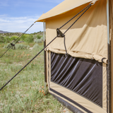 altimus bell tent with its window flaps partially rolled