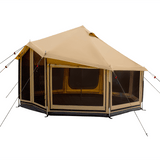 altimus bell tent side profile with flaps open mesh closed