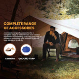 avalon bell tent accessories infographics that show awning and ground tarp