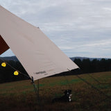 a dog resting under the sunshade tarp 