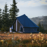 regatta bell tent sapphire blue front mesh closed in forest setting