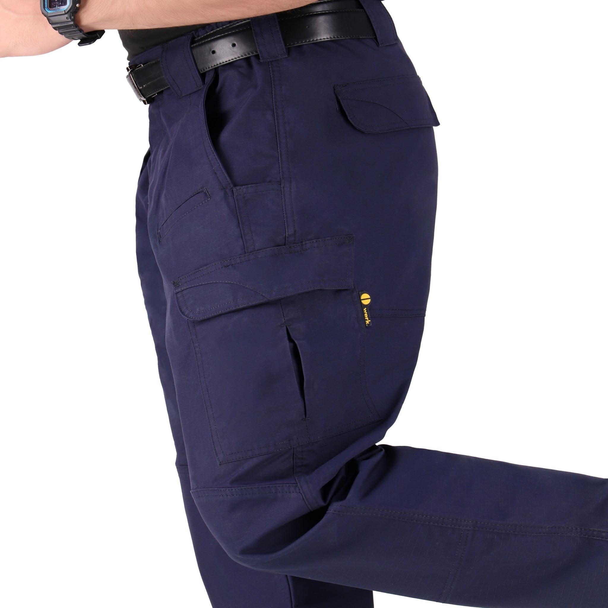 Ladies flat front poly cotton cargo work pants in navy blue