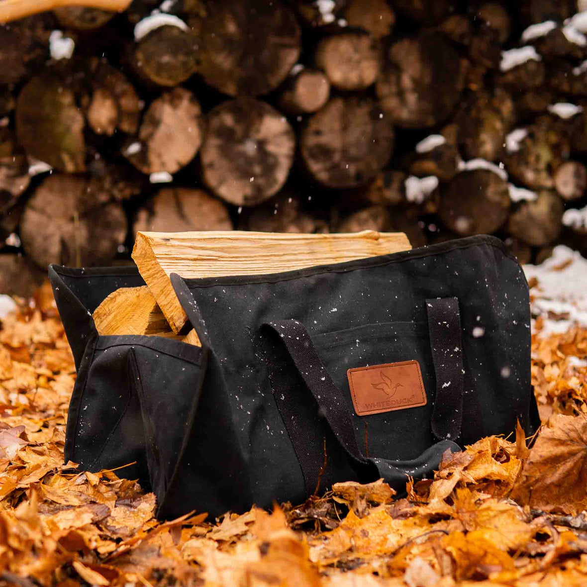 tote shape canvas firewood log carrier lifestyle image autumn 