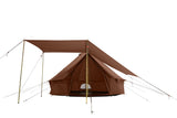 desert red bell tent awning set up partially with desert red regatta bell tent